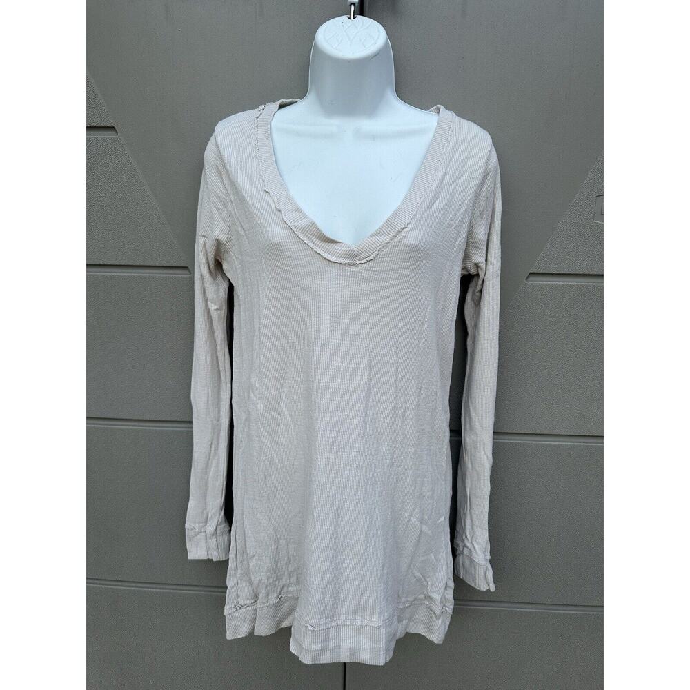 New Chaser V/Neck Long Sleeves Oatmeal Waffle Knit Thermal Long Tunic Top Sz S